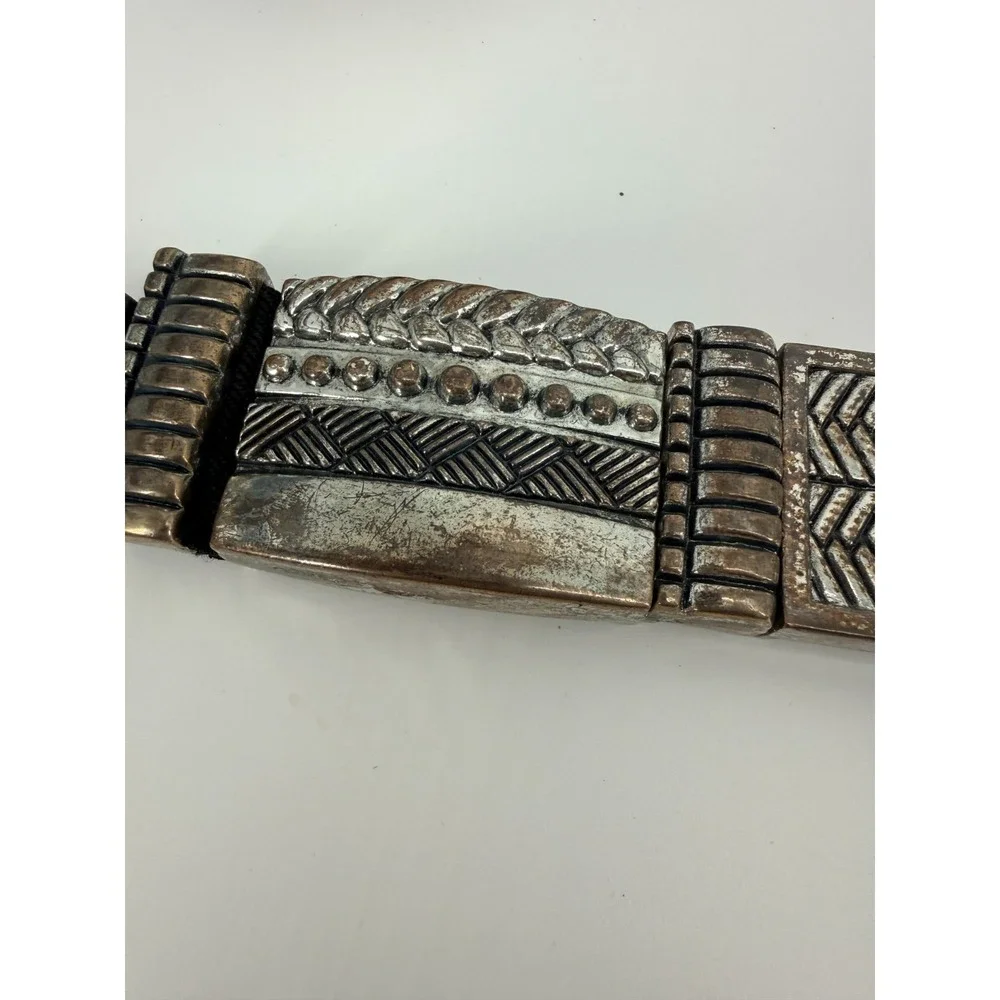 Chicos Vintage Silver Tone Metal Plate Stretch Belt Geometric Tribal Boho M